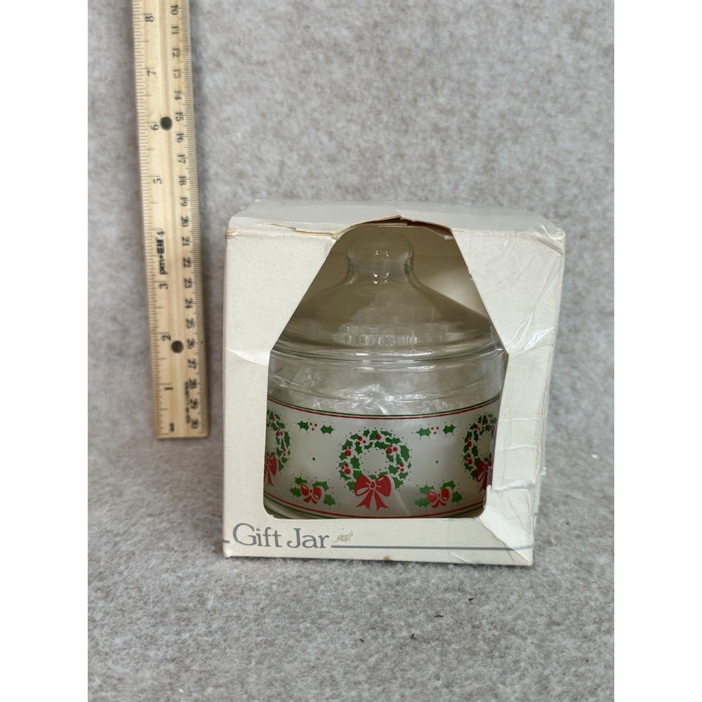 NIB Vintage Indiana Glass Christmas Wreath Clear Candy Jars W Lid